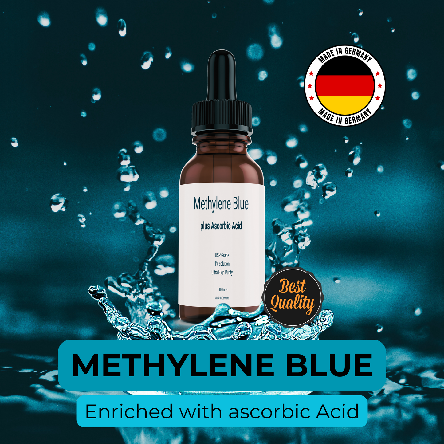 Methylene blue with ascorbic acid, 1% solution, USP quality, ultra-high purity, (99.99), 200 percent more effective, vegan, Made in Germany, 100ml