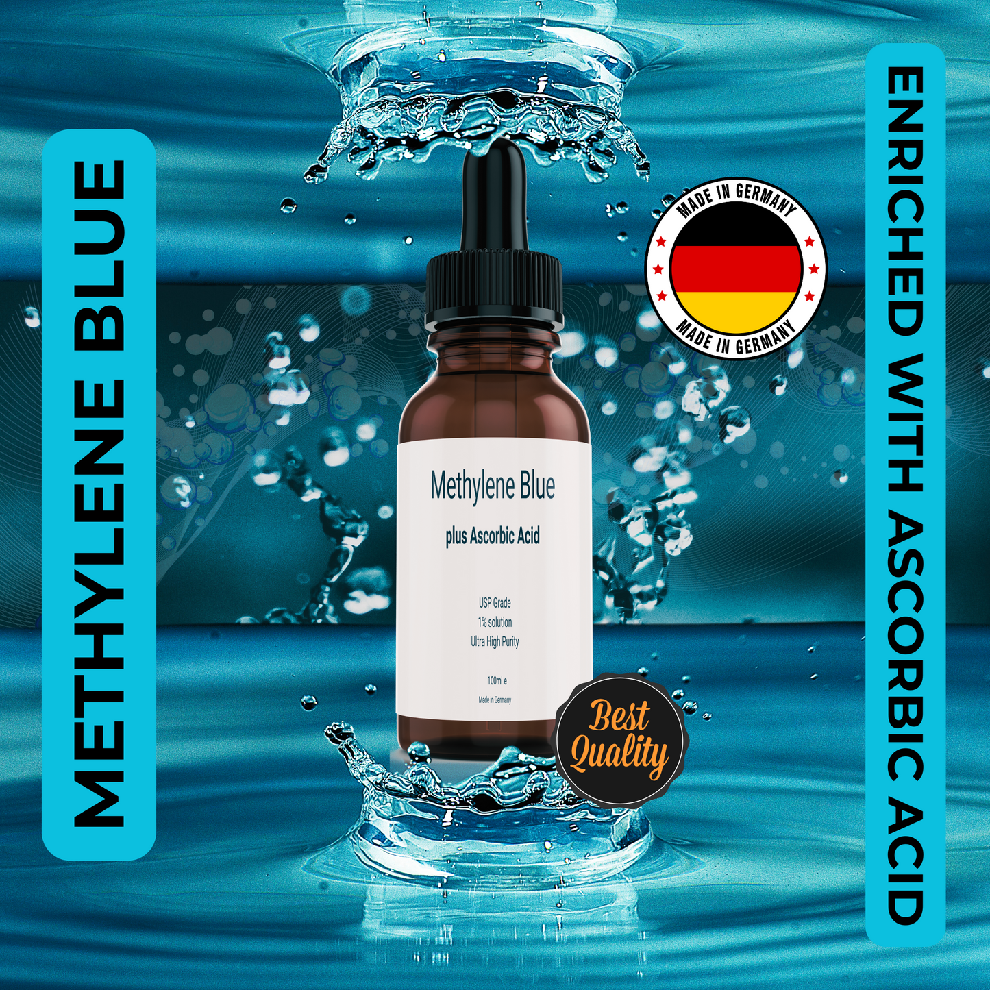 Methylene blue with ascorbic acid, 1% solution, USP quality, ultra-high purity, (99.99), 200 percent more effective, vegan, Made in Germany, 100ml