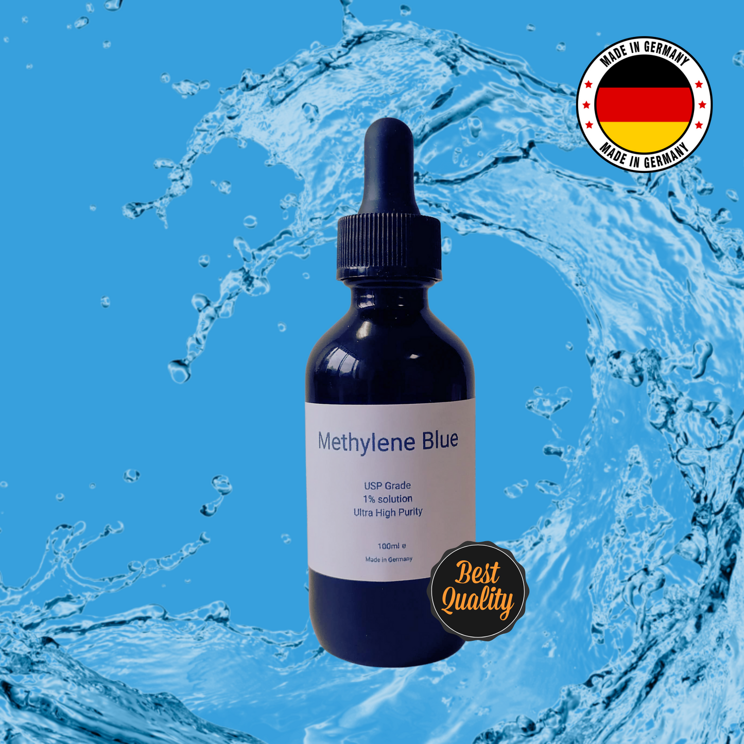 Methylene blue 1% solution, USP quality, ultra high purity, (99.99) user-friendly in pipette bottle, natural, vegan, Made in Germany,