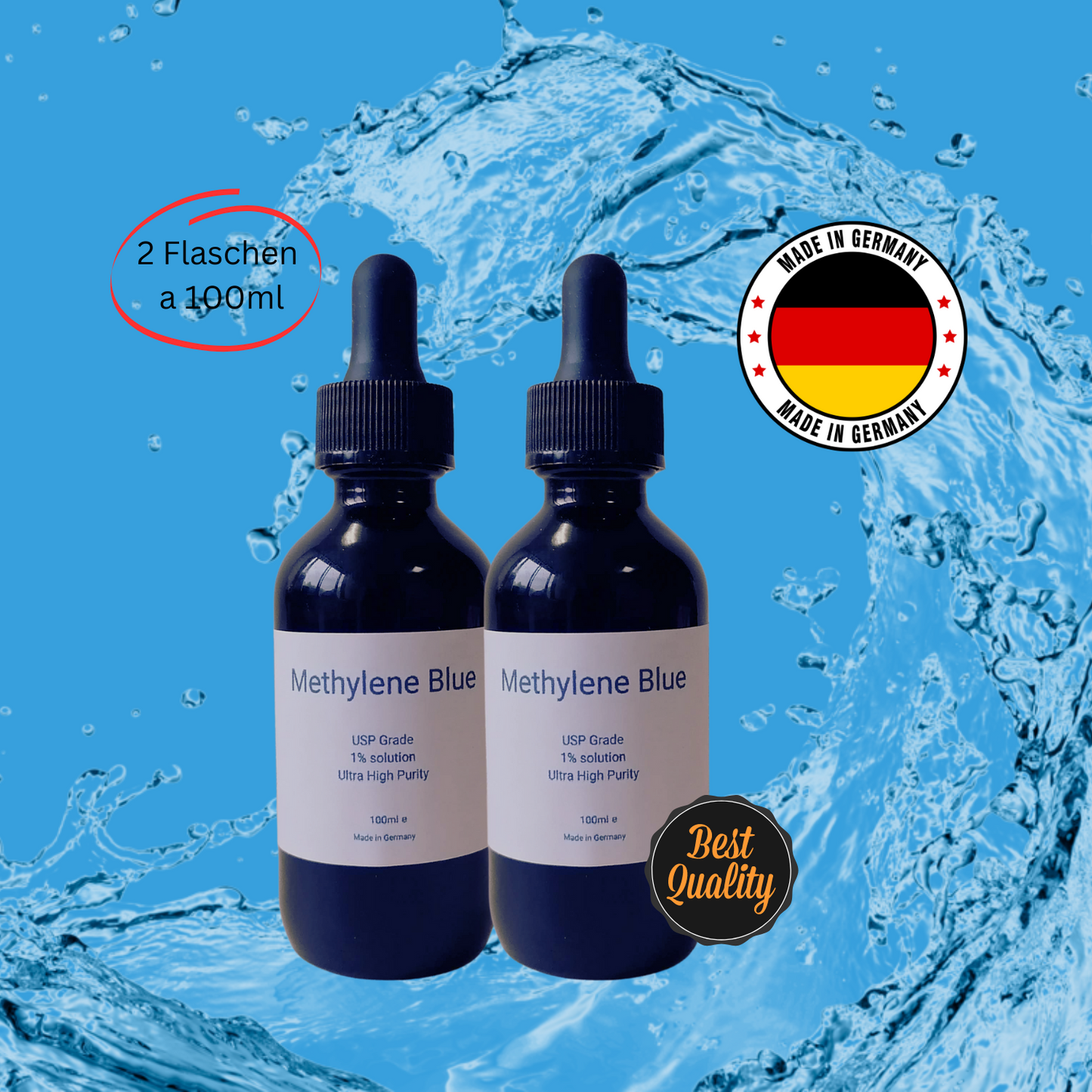 Methylene blue solution, 1% solution, USP quality, ultra-high purity solution, (99.99) dropper bottle, German seller, Made in Germany, 2 x 100ml and 2x50ml